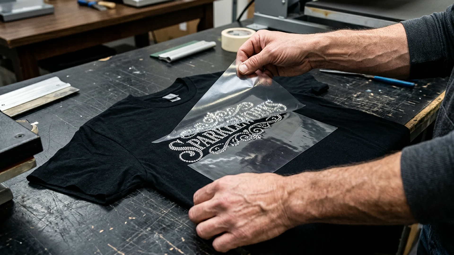 Rhinestone transfer in production at BlingFORCE
